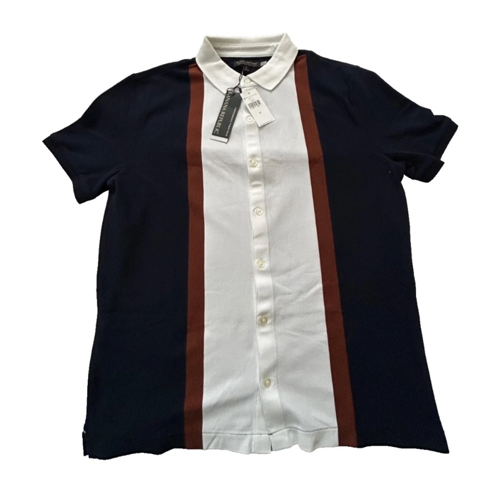 Men Banana Republic Casual Shirt NavyBlue w/ Brown & White Stripes size medium
